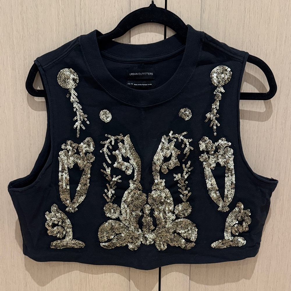 Urban Outfitters Black Crop Top with Gold Sequin Embellishments